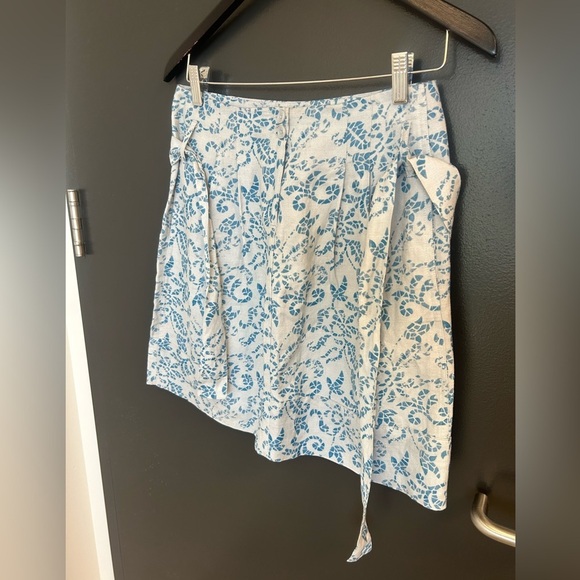 Sandro size 2,linen blend EUC Cream and Blue A-Line Mini Skirt with Tie Front - Picture 6 of 12